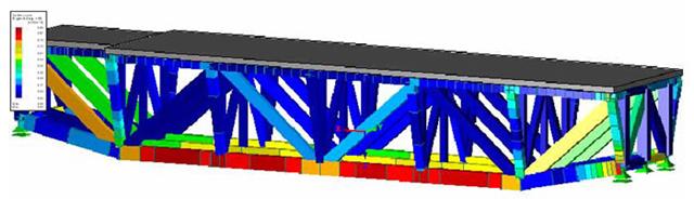 按照 DIN 技术报告的人行桥木结构-混凝土组合结构（空间桁架结构由层压单板木材和钢筋混凝土人行道楼板组成）