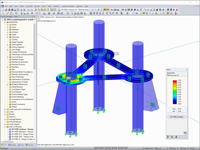 RFEM 中柱脚的钢应力 (© m3-ZT GmbH)