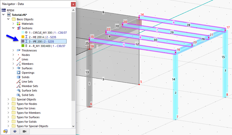 在导航器中按截面选择杆件