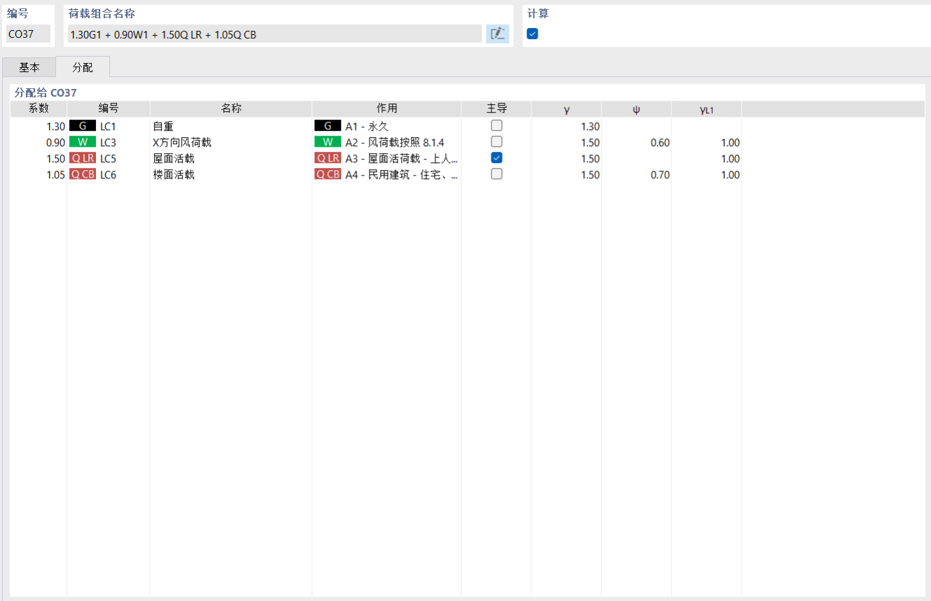 荷载工况到荷载组合的分配