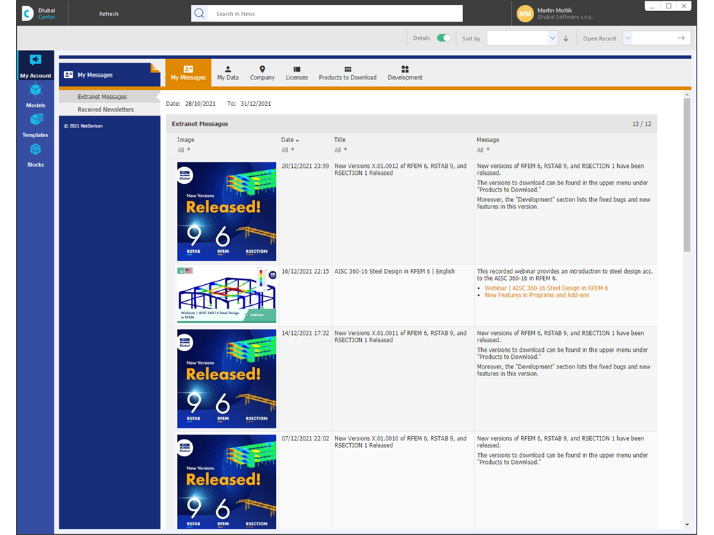 Dlubal 中心的“我的账户”