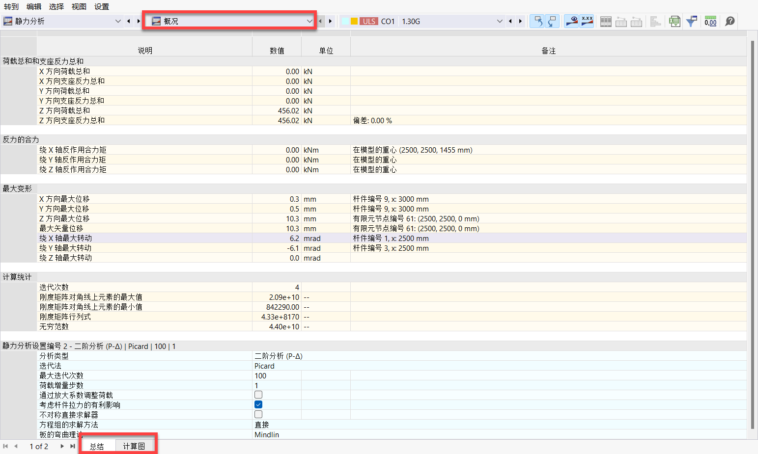在表格中查看各个工况/组合的计算概况