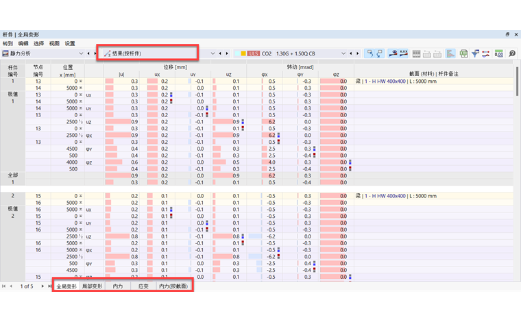 在表格中查看杆件的计算结果