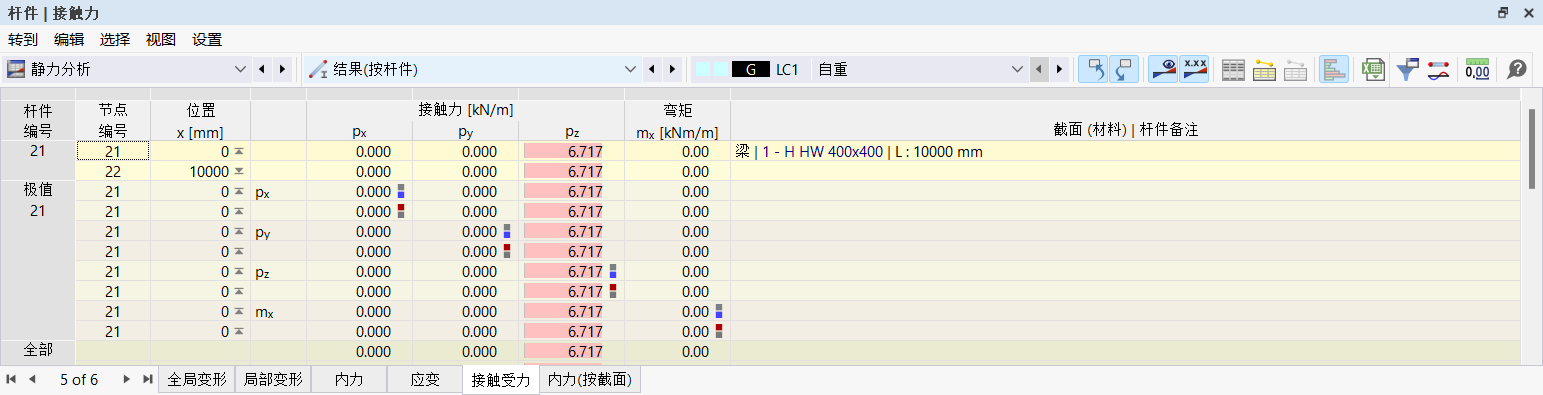在表格中查看杆件的接触受力