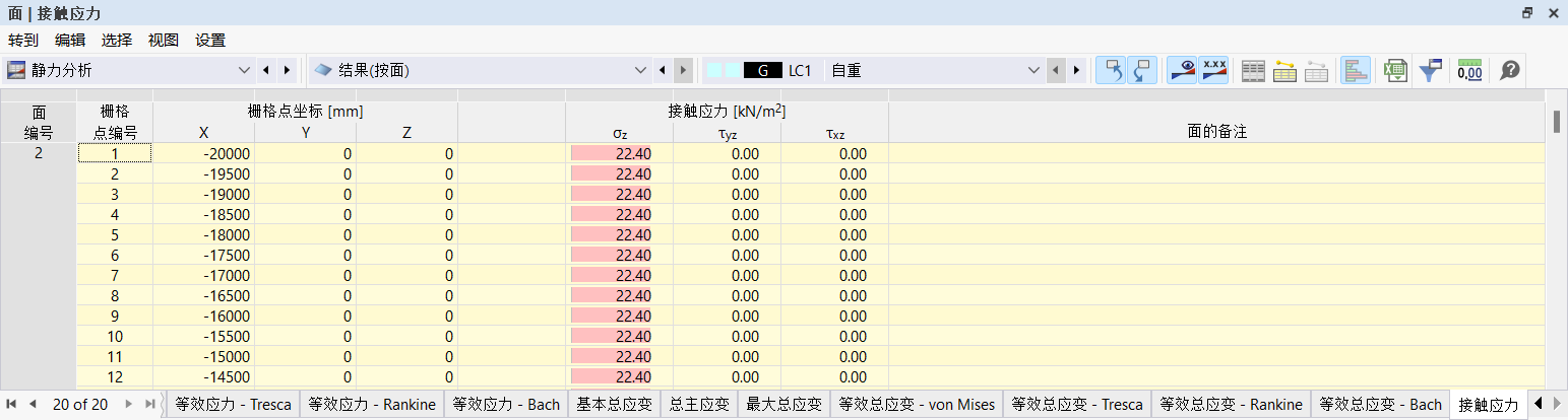 在表格中查看面的接触应力