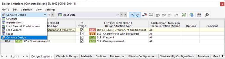 表格中的“混凝土设计”类别