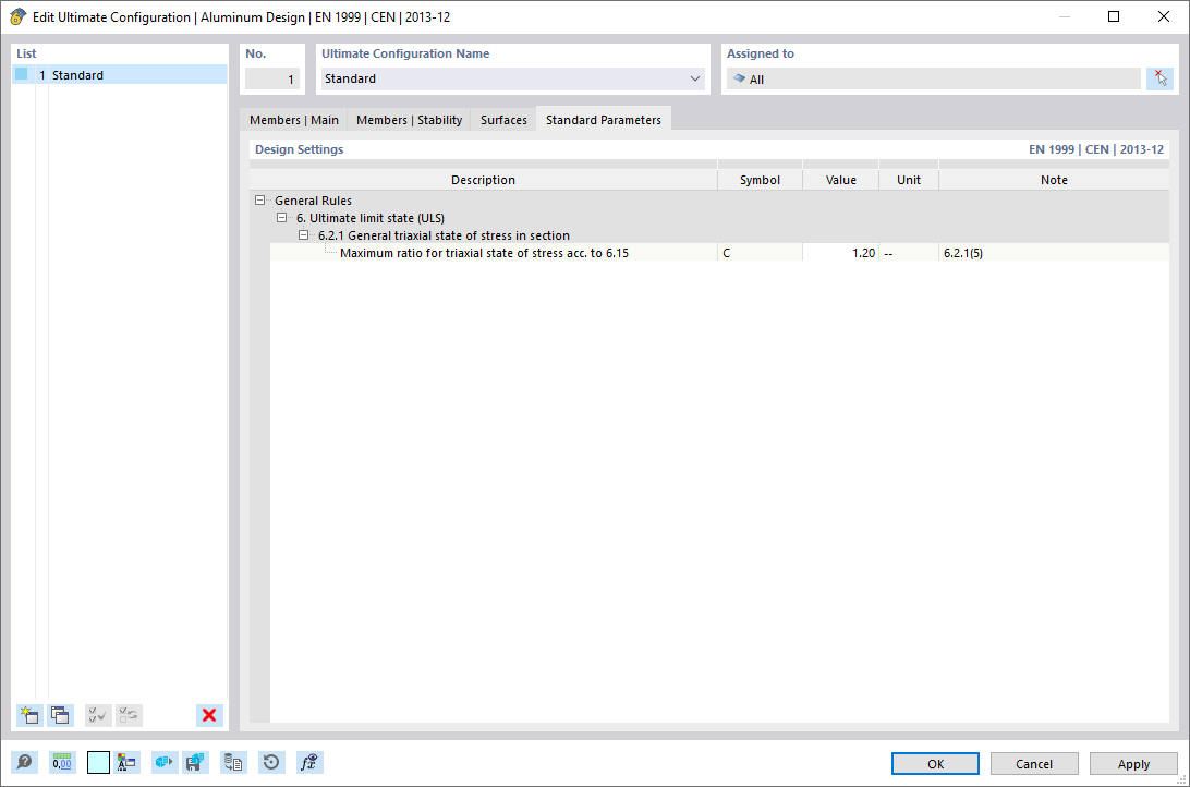 “编辑承载能力极限状态配置”对话框，“规范参数”选项卡