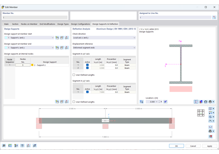 “编辑杆件”对话框，“挠度和设计支座”选项卡