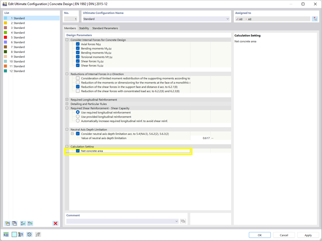 钢筋混凝土设计与使用净混凝土截面的选项，适用于高配筋的结构。