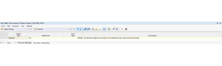 Ergebnistabelle Nicht gültig / deaktiviert in der Holzbemessung