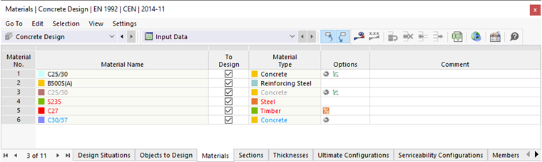 用于混凝土设计的“材料”表