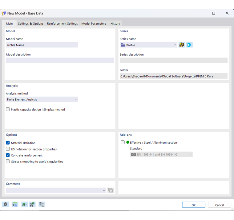 “新建模型 - 基本数据”对话框，“基本”选项卡