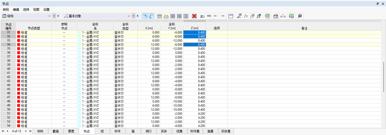 '节点'表格及选择的单元格