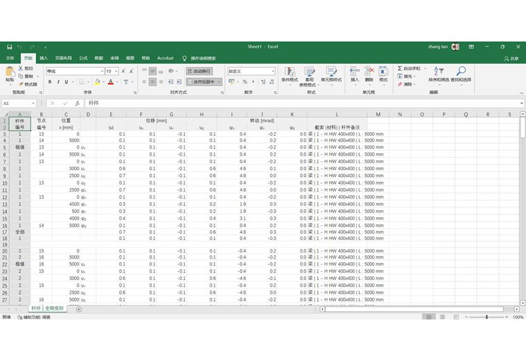 主内力和弯矩的 Excel 表格