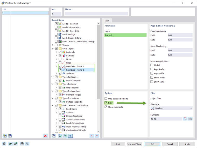 打印报告中报告项目的选择