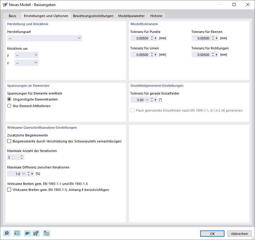 对话框“新建模型 - 基本信息”，选项卡“设置和选项”
