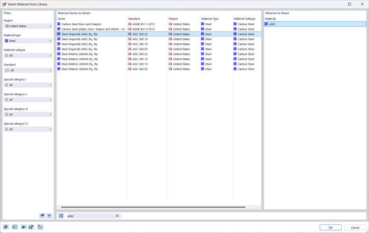 按地区、材料类型和规范筛选库