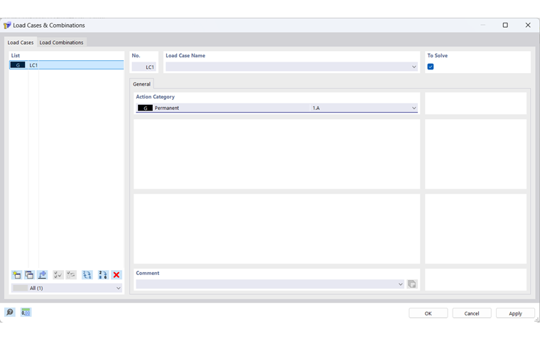 “荷载工况和组合”对话框，“荷载工况”选项卡