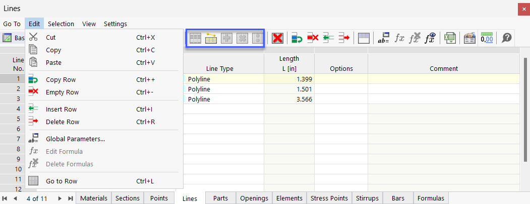 表格中的菜单和按钮