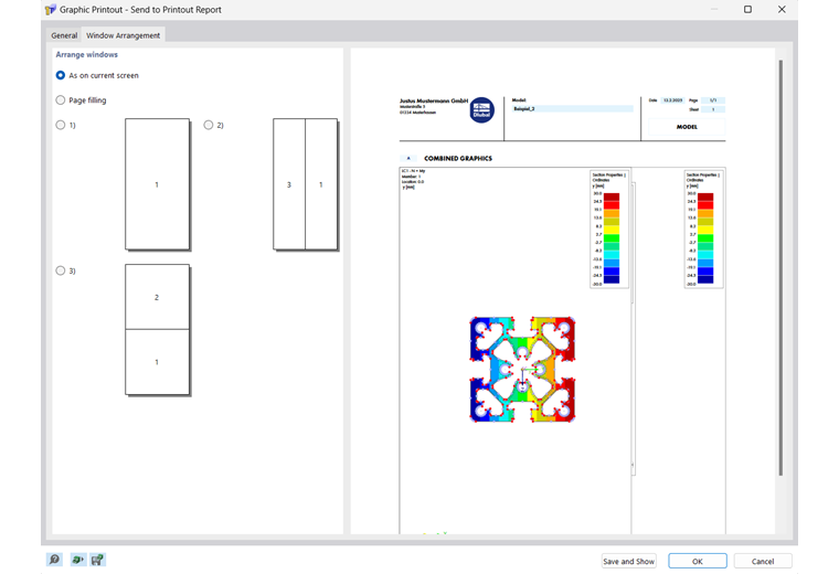 图形打印对话框，提供发送到计算书和窗口布置的选项