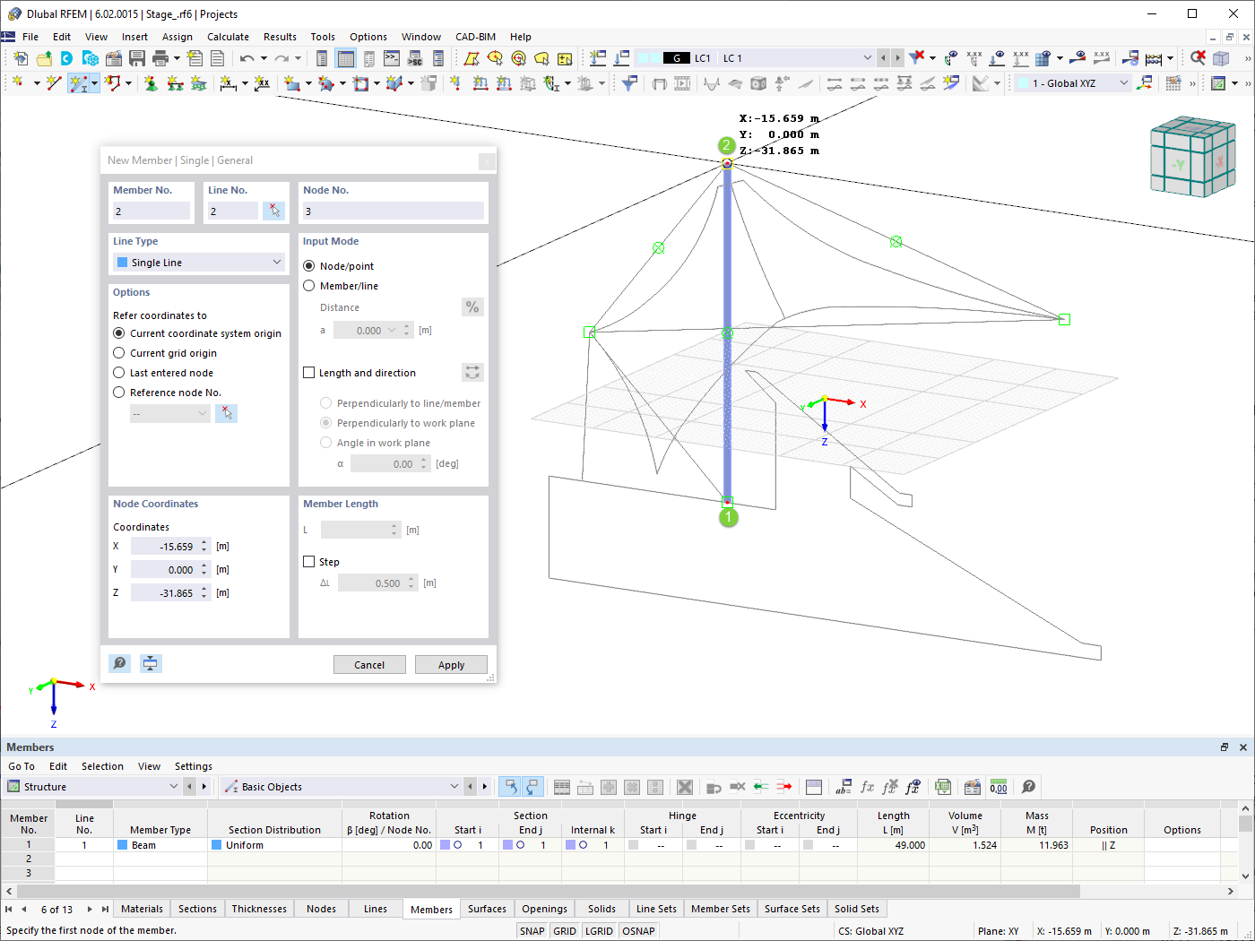 RFEM 工作窗口中的杆件