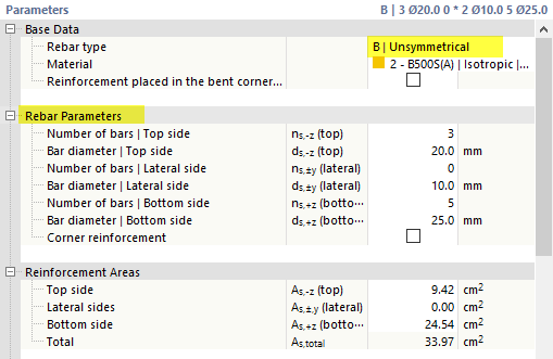 非对称配筋的钢筋参数