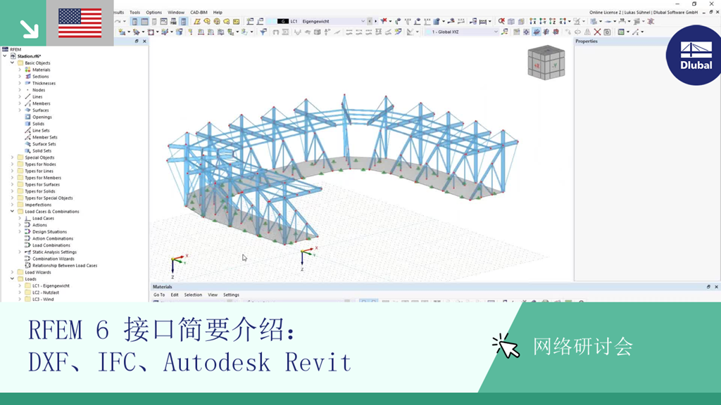 Webinar slide showcasing RFEM 6 interfaces with DXF, IFC, and Autodesk Revit integration.