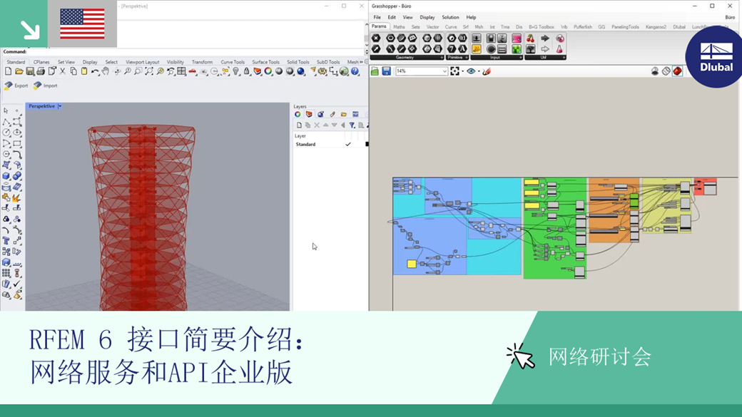 Interface presentation highlighting Webservice with Rhino and Grasshopper integration in an expert webinar session with visual aids.