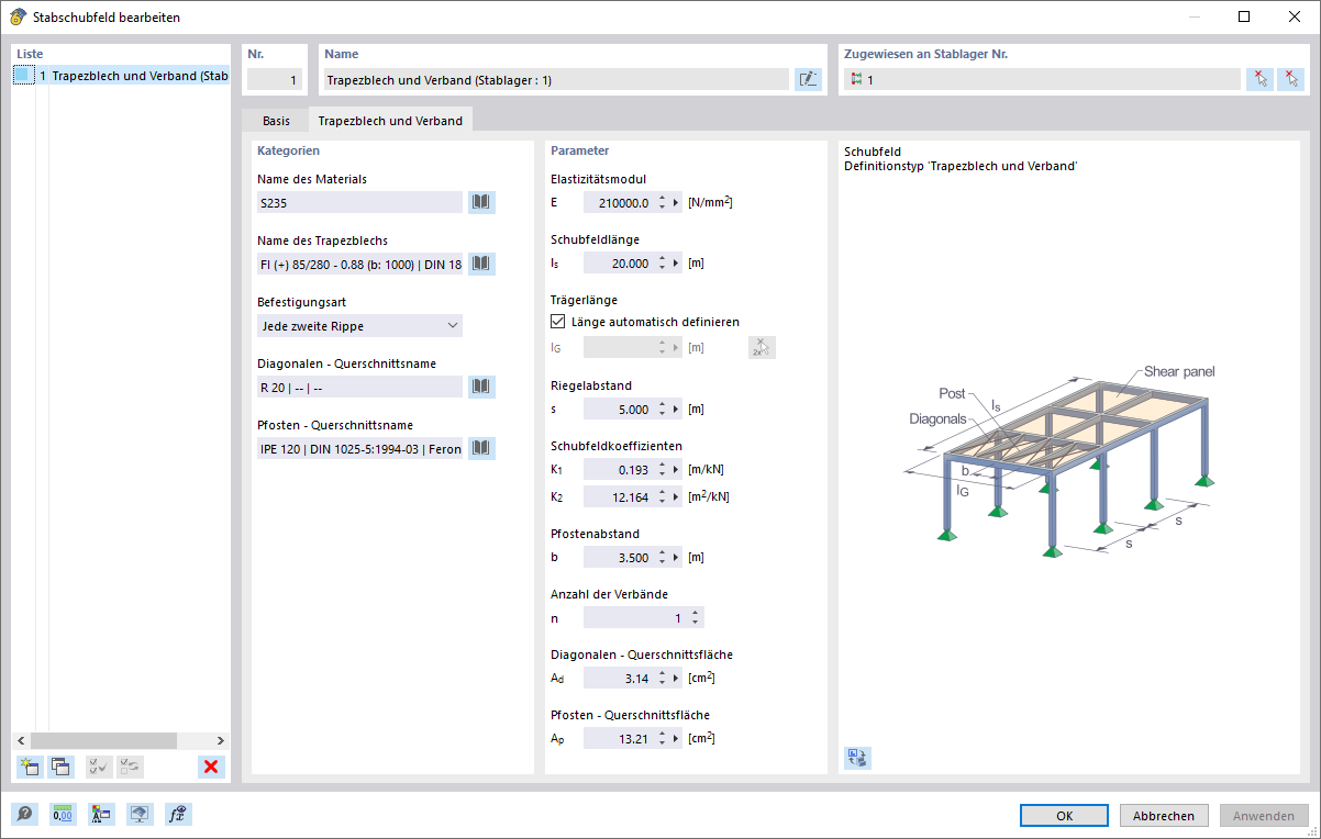 “杆件子域”对话框，“梯形板和支撑”选项卡
