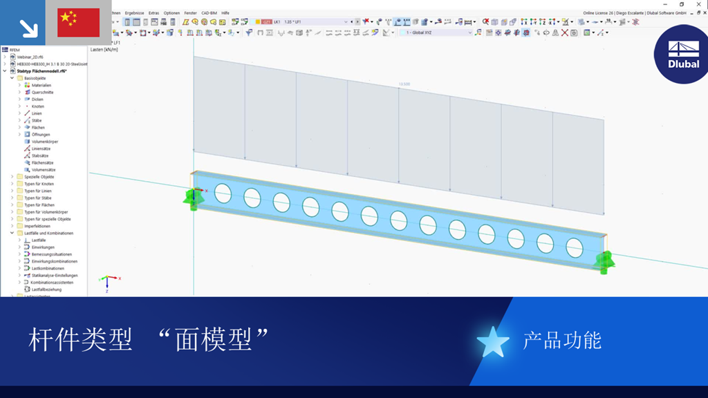 结构分析中的杆件类型的面模型，以三维视图的形式可视化。