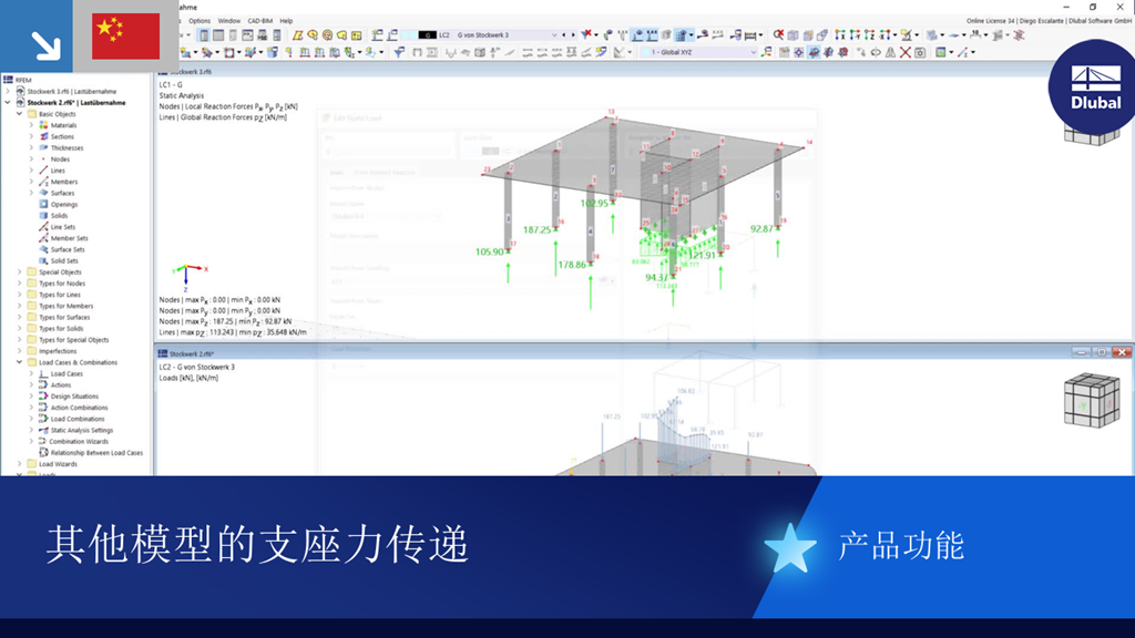 展示建筑项目中跨模型继承支持反力的功能。