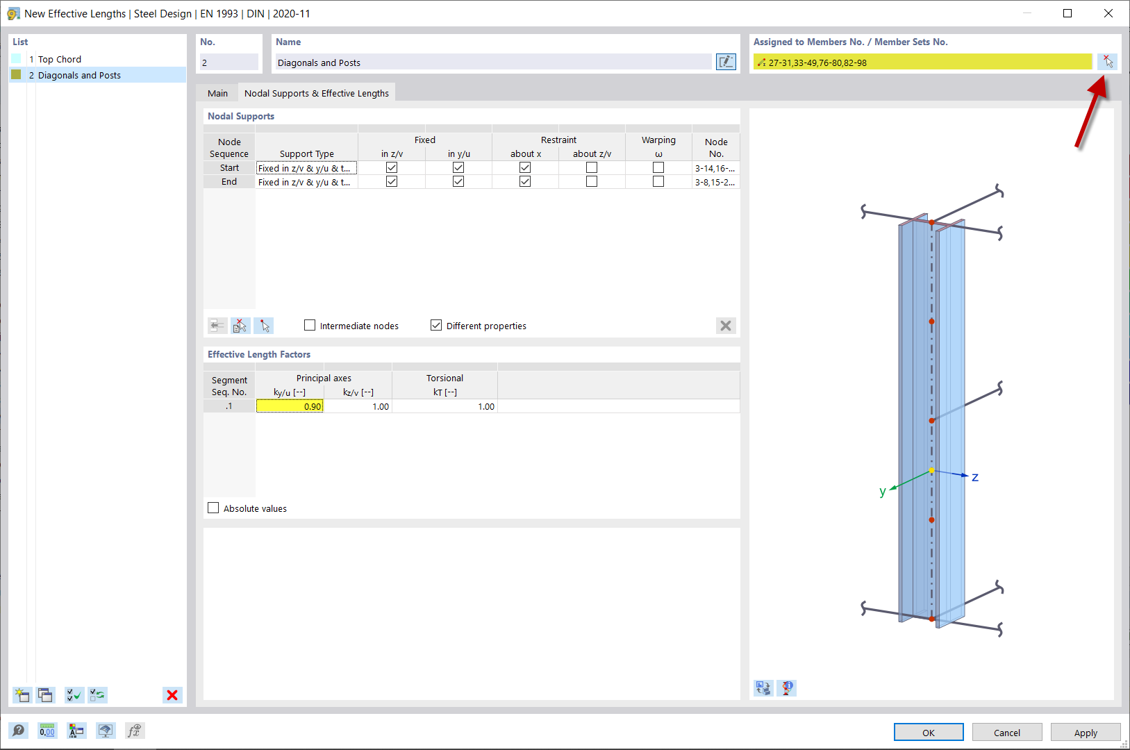 对角线和柱子的有效长度