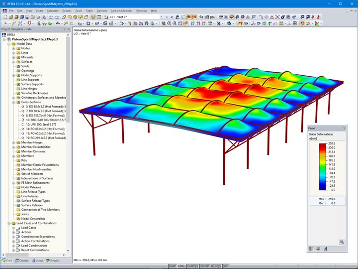 RFEM 5中风荷载作用下的变形（©Normandie Structures）