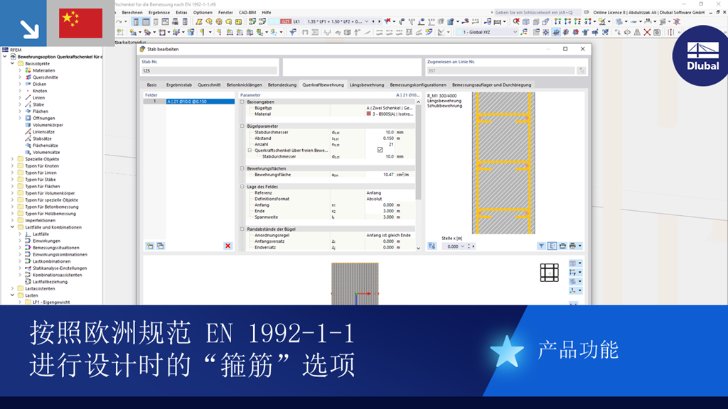 根据 EN 1992-1-1 在 Dlubal 设计工具中的剪力钢筋肢选项。通过特定钢筋肢可视化钢筋设计。