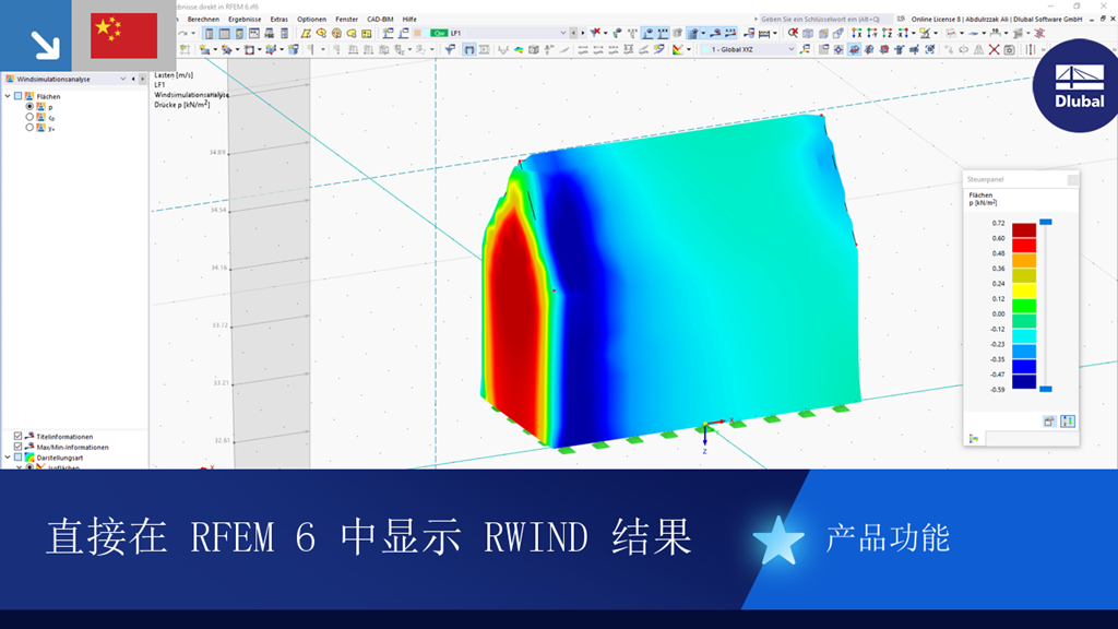 RWIND 模拟结果在 RFEM 6 环境中的可视化，显示了对结构模型的空气动力学影响。