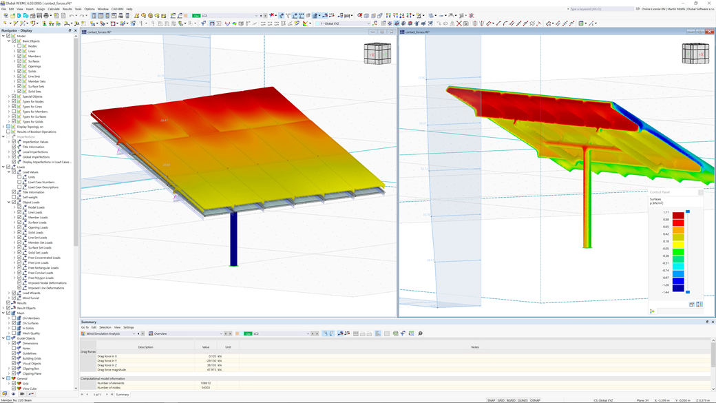 RFEM 6 中显示 RWIND 结果，展示了对风荷载的详细分析。