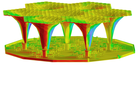 该图展示了 RWIND Simulation 中的一个六角网壳遮阳屋顶结构。