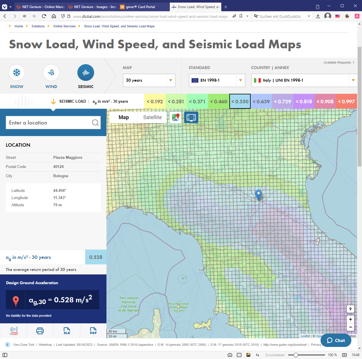 博洛尼亚/意大利的地面加速度设计值