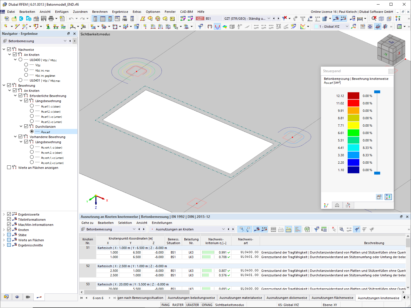 RFEM 中混凝土设计的冲切钢筋 A-sw 显示。精确显示了钢筋元件。