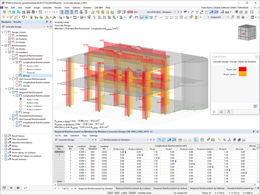 利用 RFEM 对混凝土杆件的配筋进行分析，详细显示结果。