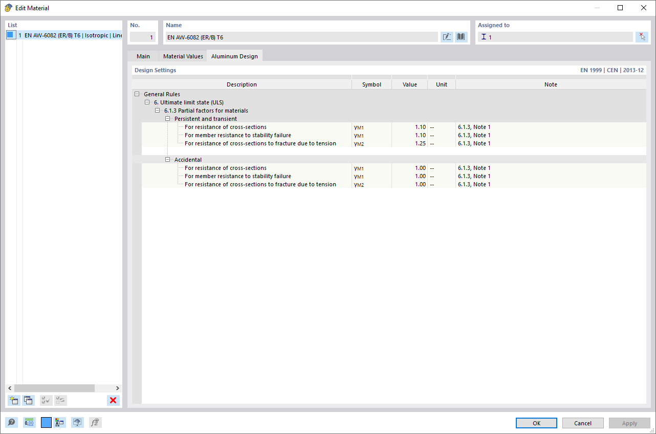 对话框 '材料编辑'，铝材设计符合EN 1999-1-1标准