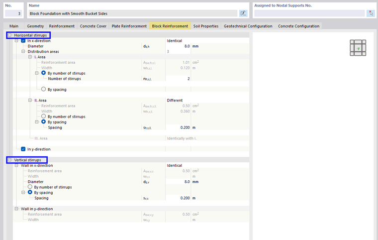混凝土基础使用区块配筋选项卡、详细显示和结构信息