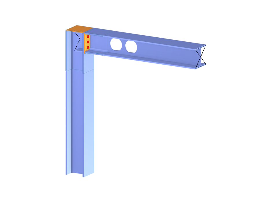 Das Modell zeigt eine biegesteife Rahmenecke mit dem Stabtyp Flächenmodell, der Verbindungsdetails präzise abbildet.