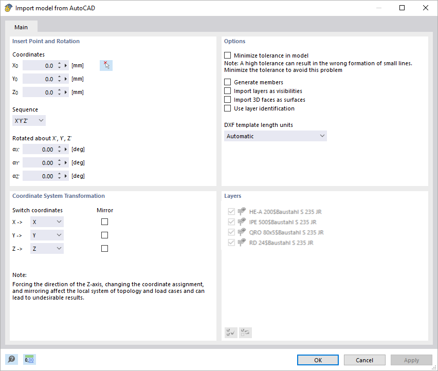 图片显示了 RFEM 6 中 AutoCAD DXF 的导入设置。