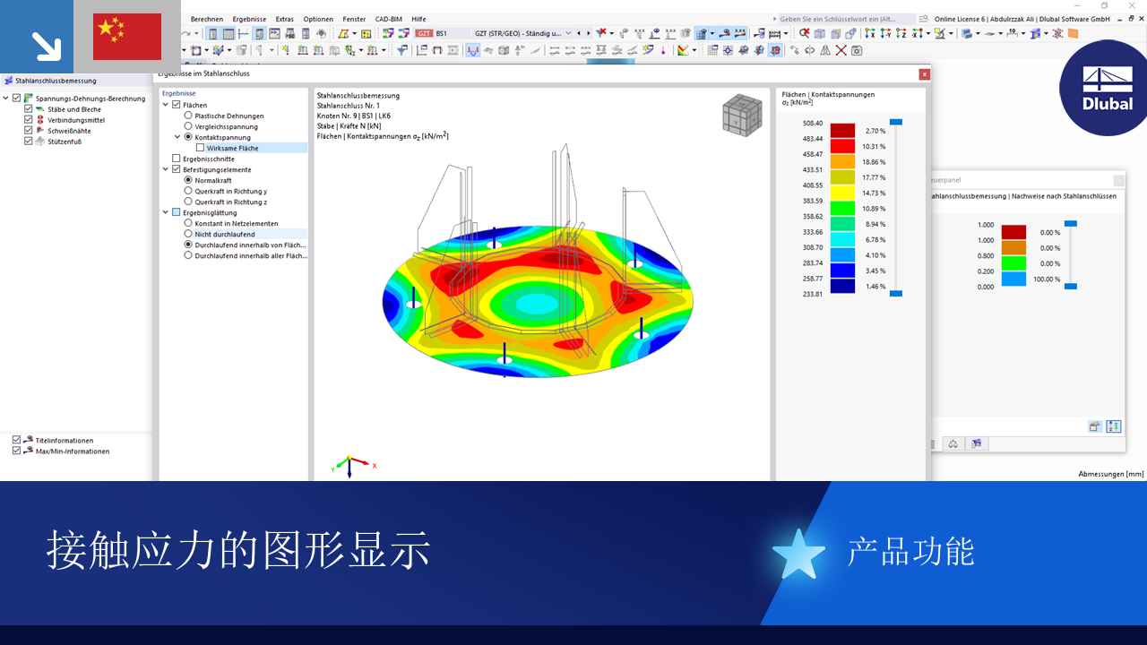 结构中接触应力的详细彩图表示。