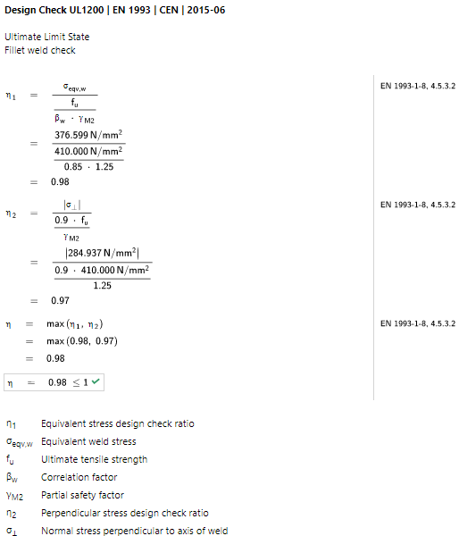 应力-应变分析结果和焊缝设计验算说明，展示了承载能力