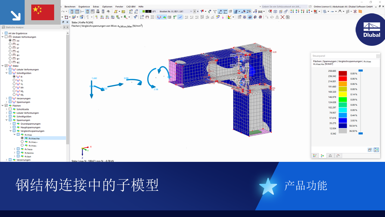 子模型示意图，包含用于结构分析的钢连接，包括梁和连接细节。