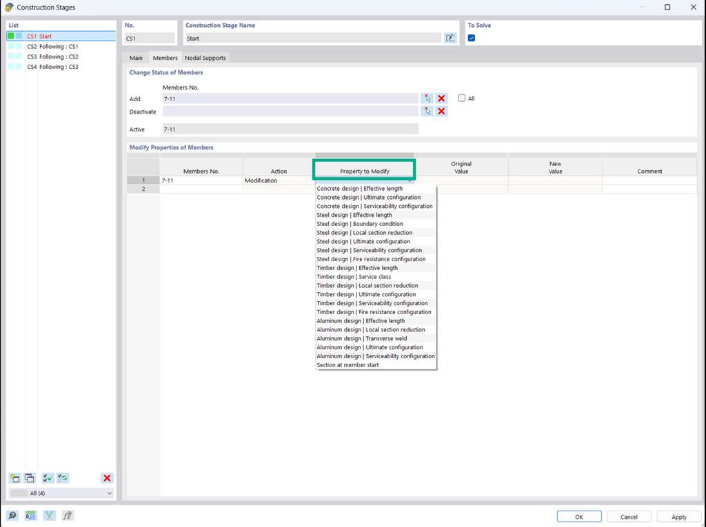 施工阶段分析支持在不同的施工阶段调整杆件和面板等的属性。