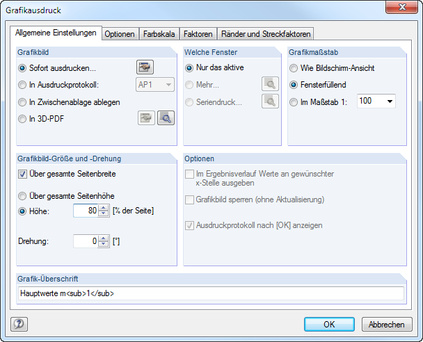 RFEM 5 中的图形设置，用于调整通用打印选项。