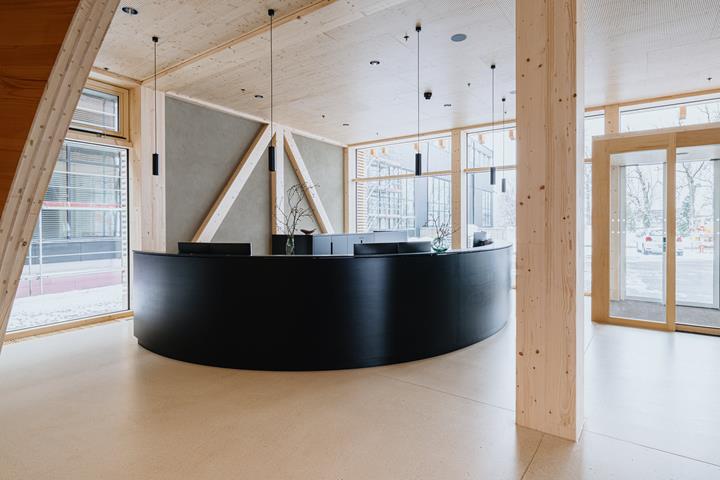 Empfangsbereich des Erlenhof Stammhauses mit zeitgenössischem Design und natürlichen Materialien.